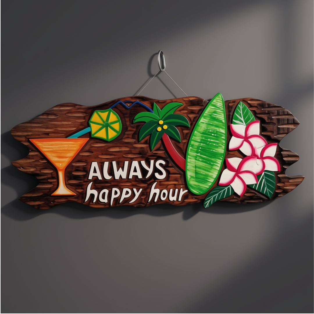 A rustic wooden bar sign hanging against a dark gray wall, featuring tropical illustrations and the words 'ALWAYS happy hour' in white lettering.