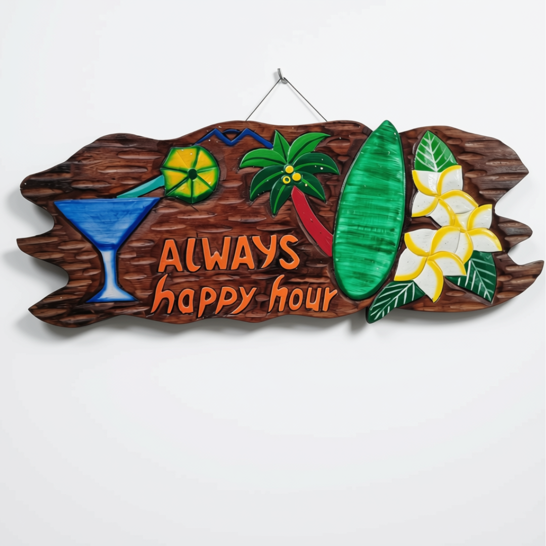 A rustic wooden wall sign with a tropical beach theme, featuring a martini glass, palm tree, surfboard, plumeria flowers, and the text 'ALWAYS happy hour' in orange. The sign is shown hanging against a plain white wall.