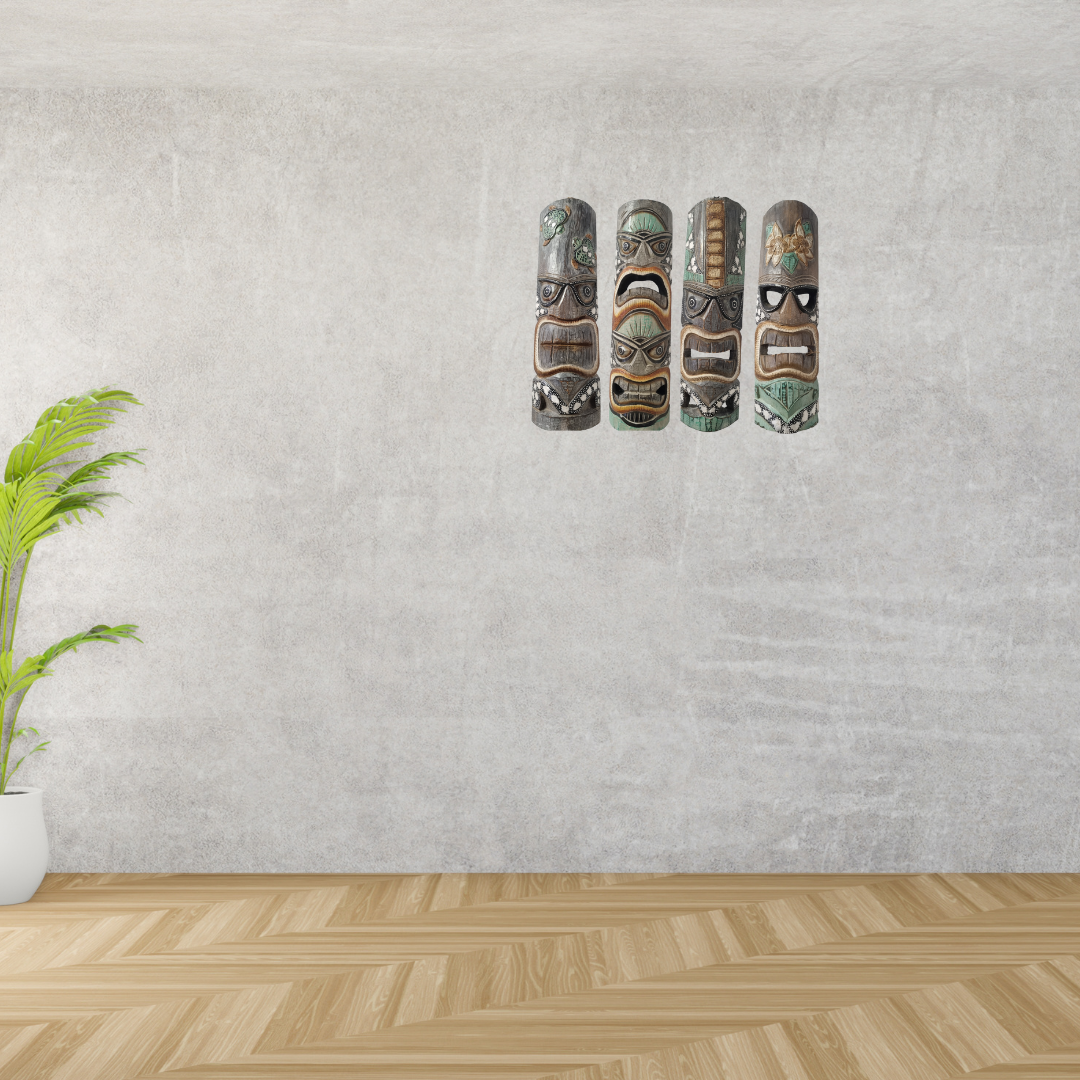 Five tiki masks on a textured wall with a plant and wooden floor.