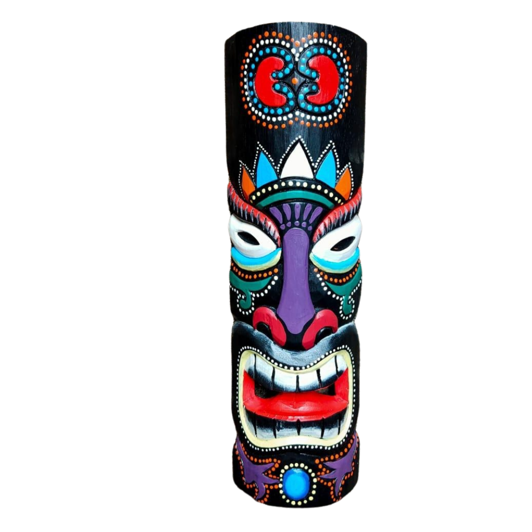 Tiki mask tribal wall art in black with multicolour dot painting, purple nose and red lips