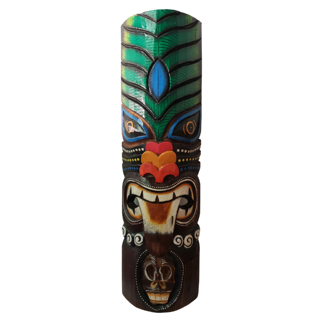 Dark wooden carved mask with green and teal headdress, red flower nose and skull detail at base