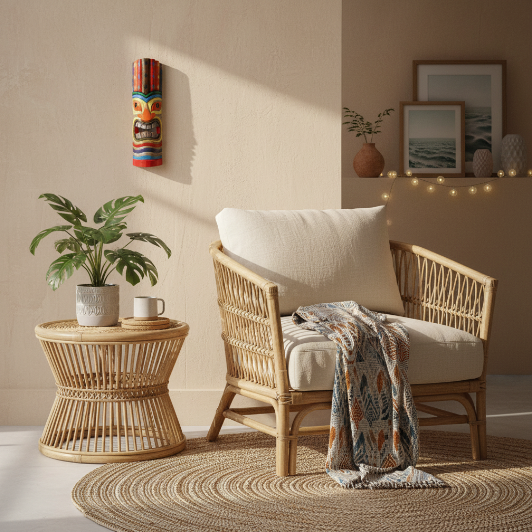 A styled interior scene with a rattan armchair featuring cream cushions and a patterned throw blanket, next to a round woven side table with a potted plant and a small cup. A colorful tiki wall decor piece hangs on the beige wall, and framed art with warm string lights is visible in the background.
