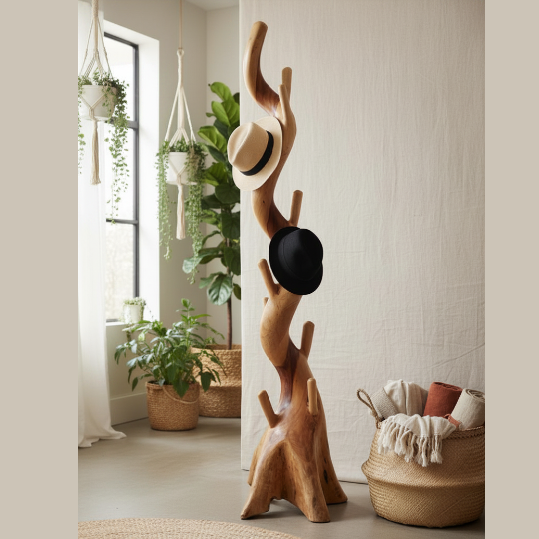 Handcrafted timber hat and coat stand styled in a warm bohemian entryway with soft natural light, straw and black hats hanging from organic branch hooks, earthy tones and potted greenery