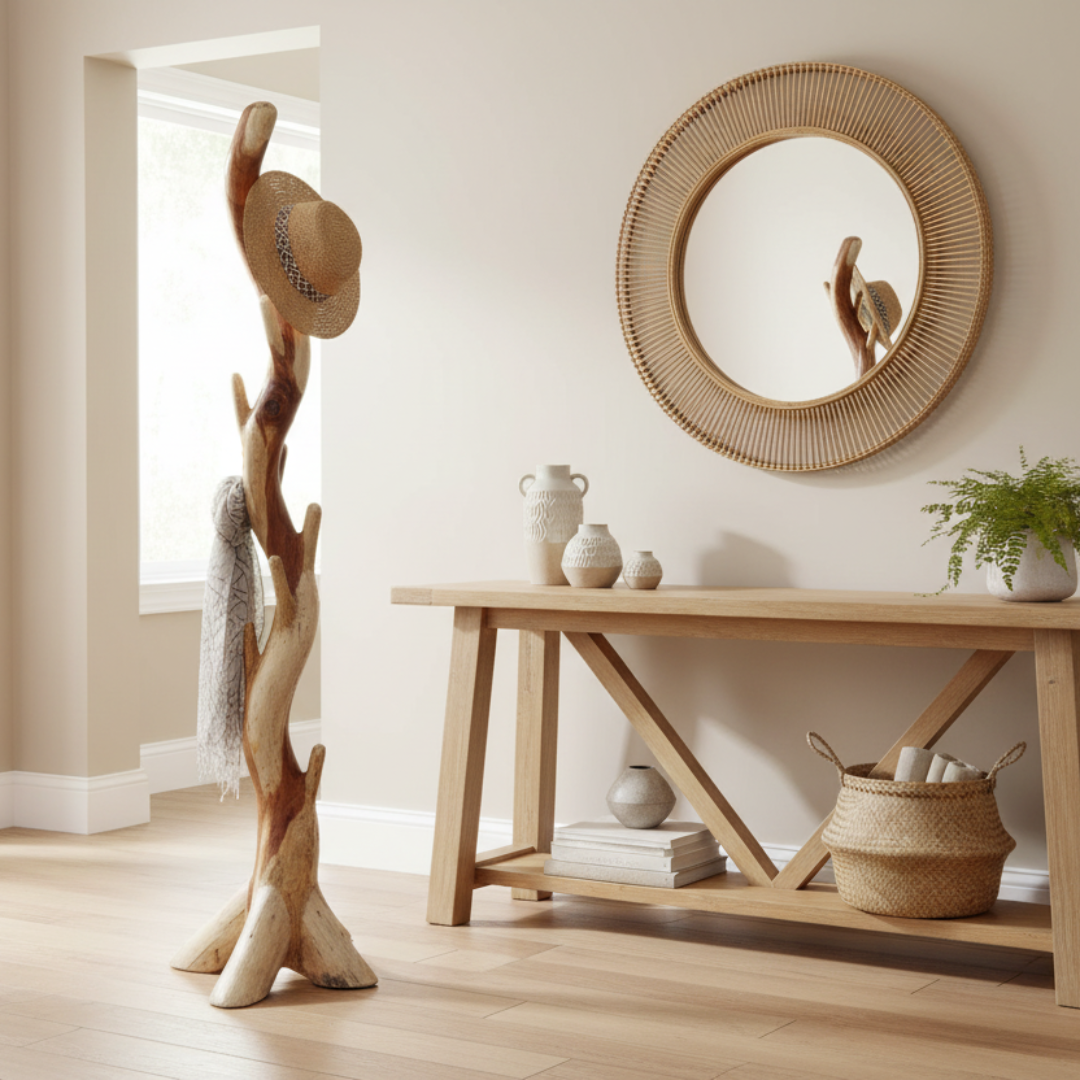 Tall natural wood branch coat stand with a straw hat and white scarf in a bright coastal entryway with a round rattan mirror, timber console table, ceramic vases, and a woven basket