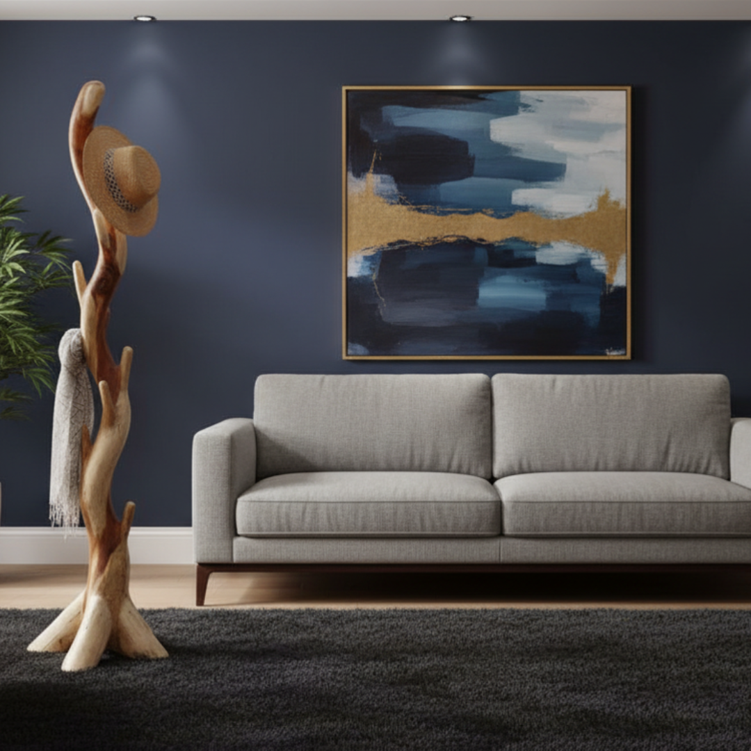 Sculptural branch-style wooden coat stand with a straw hat and draped scarf, styled beside a grey sofa against a deep navy wall with abstract gold and blue wall art