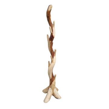Two-toned wooden coat stand with cream lower section and warm brown upper branches, four-leg root base, on a white background