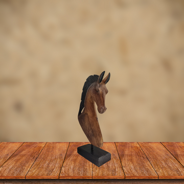 Wooden Horse Carving sculpture – handcrafted solid wood, brown and black finish, side view on black stand