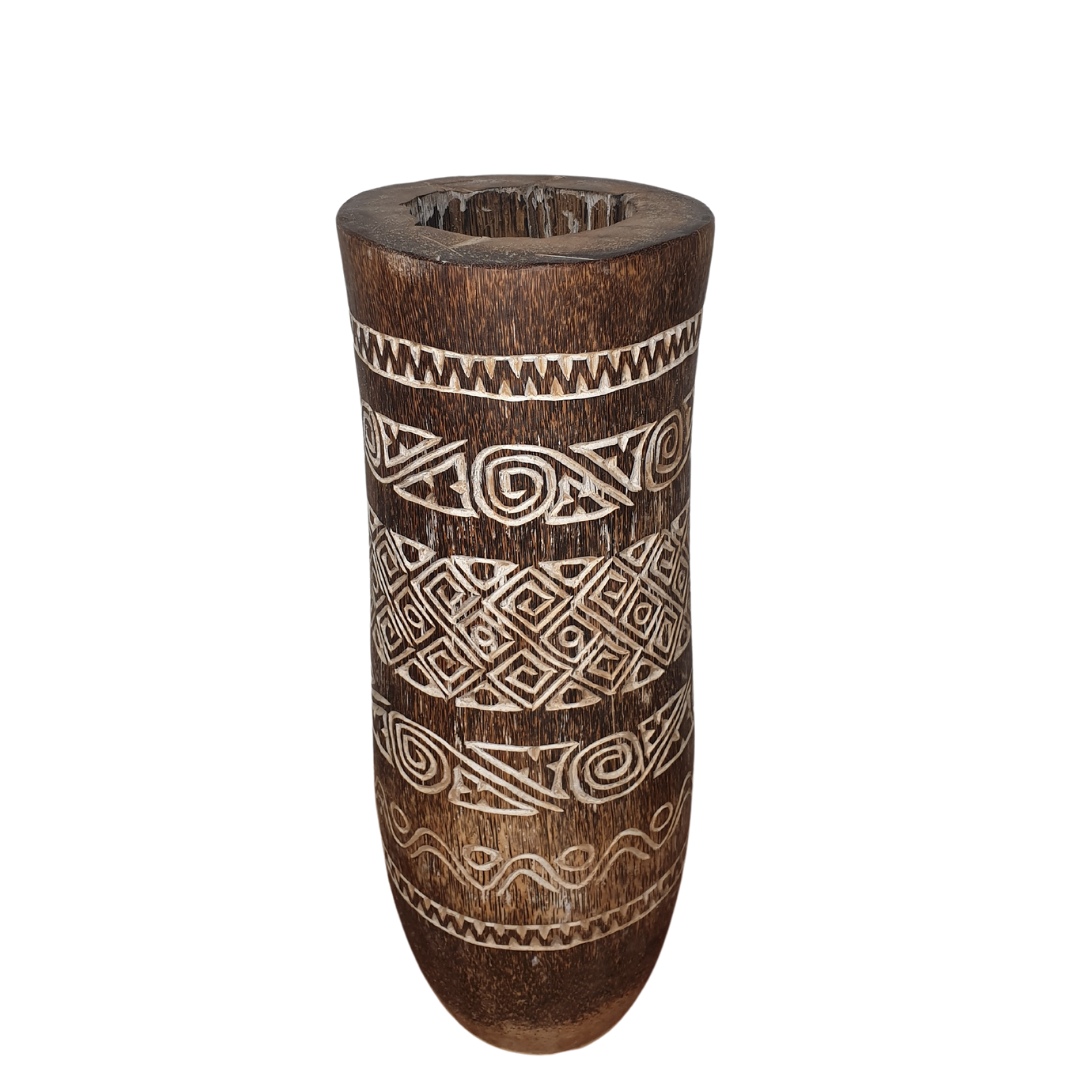 natural coco pot tree carving in brown tones set on a white background