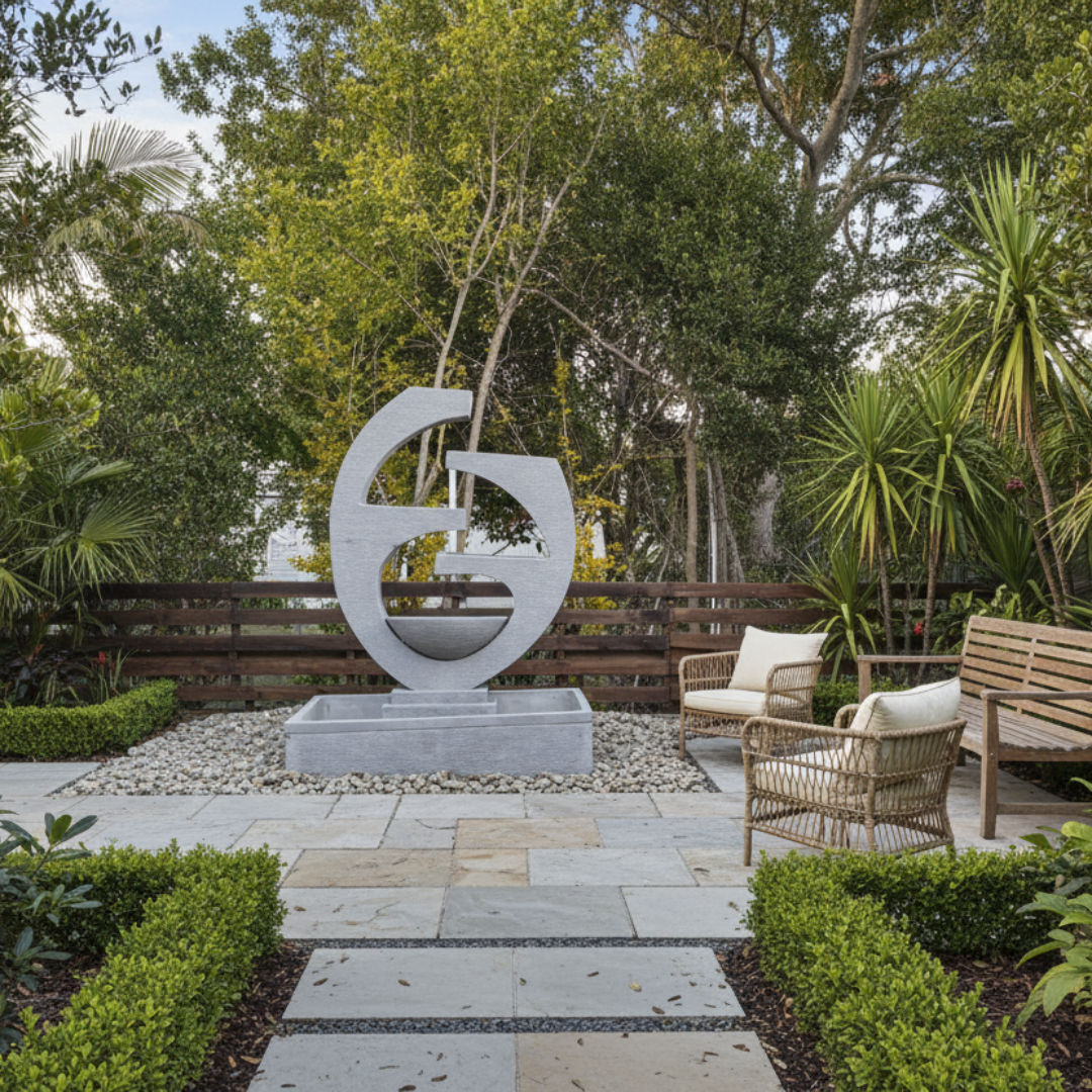 Garden setting with a modern sculpture, chairs, and trees