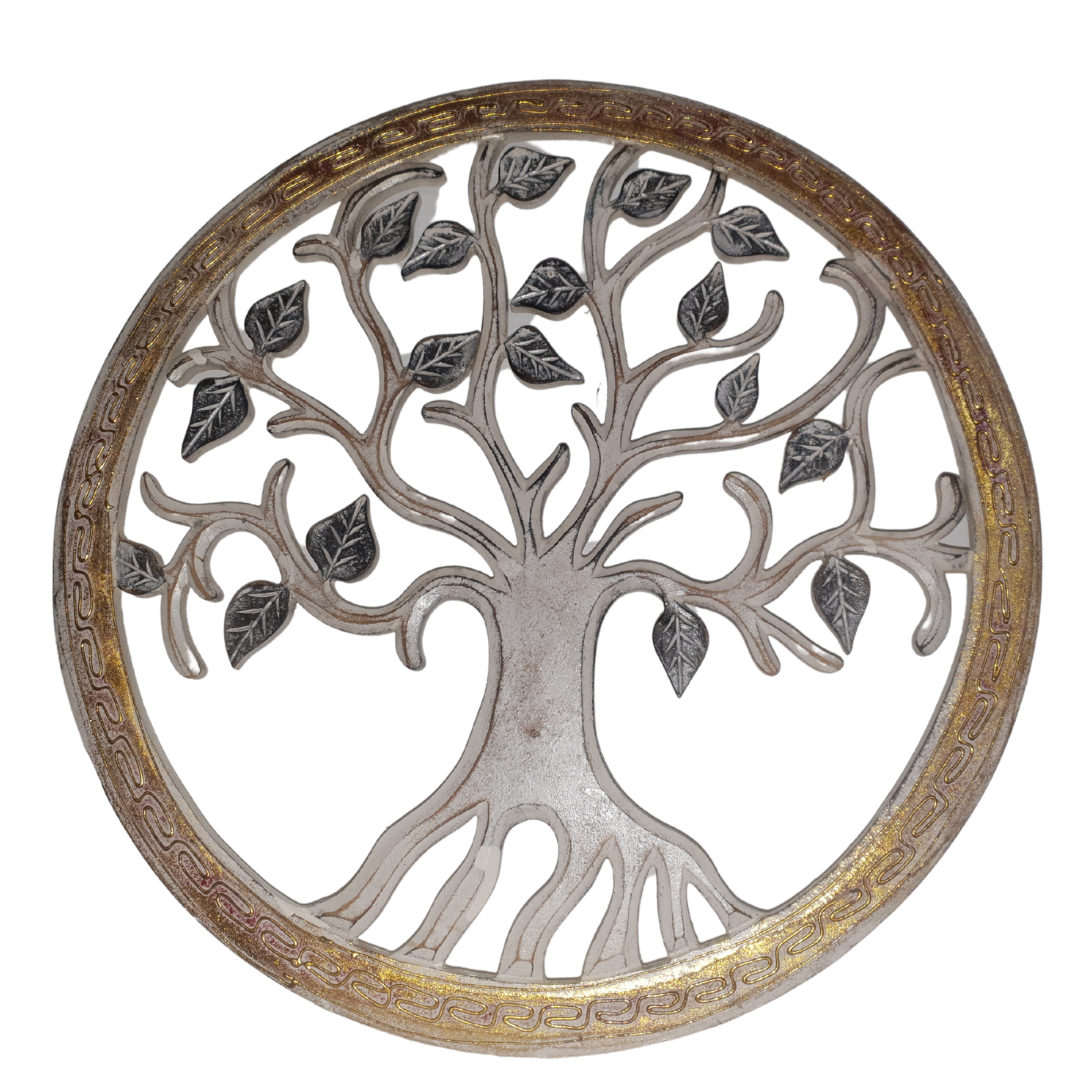 A circular wall decor depicting the Tree of Life with silver branches and black leaves, framed with a bronze-colored border.