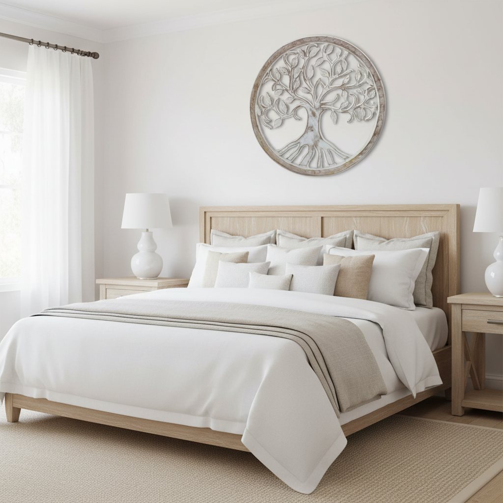  80cm in all-white whitewash finish, styled above a timber bed head with white linen bedding in a bright Hamptons bedroom