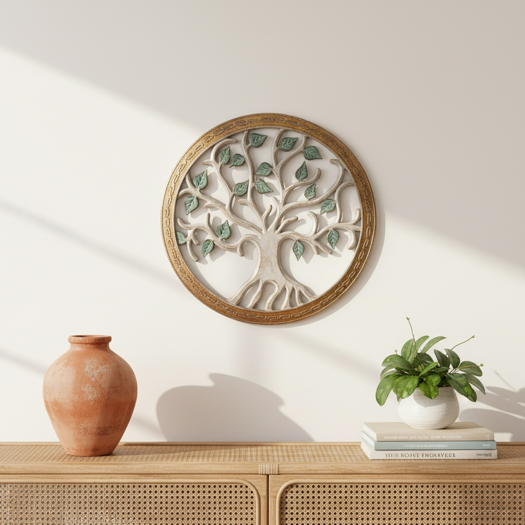 Tree of Life circular wall art 80cm in gold frame with sage green leaves, styled above a rattan console table on a warm white wall in a coastal living room