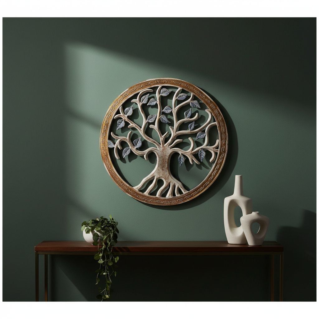 Tree of Life circular wall art 80cm in gold frame with blue-grey leaves, styled above a console table on a sage green wall in a modern living room