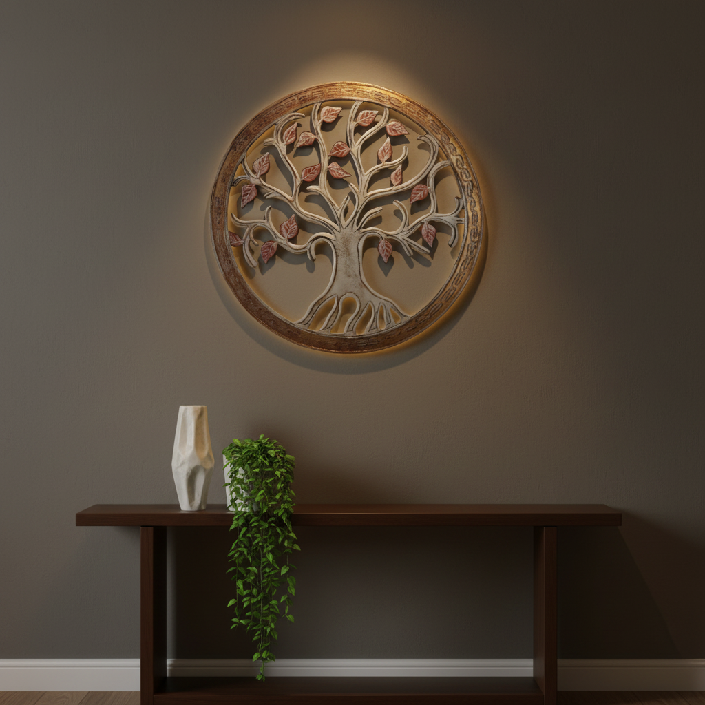 Tree of Life circular wall art 80cm in bronze and rust, styled as a statement piece above a console table in a modern living room