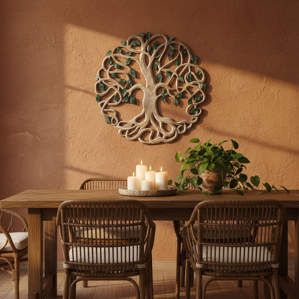 A bohemian-style circular mounted on a textured terracotta wall above a wooden dining table with wicker chairs and candles.