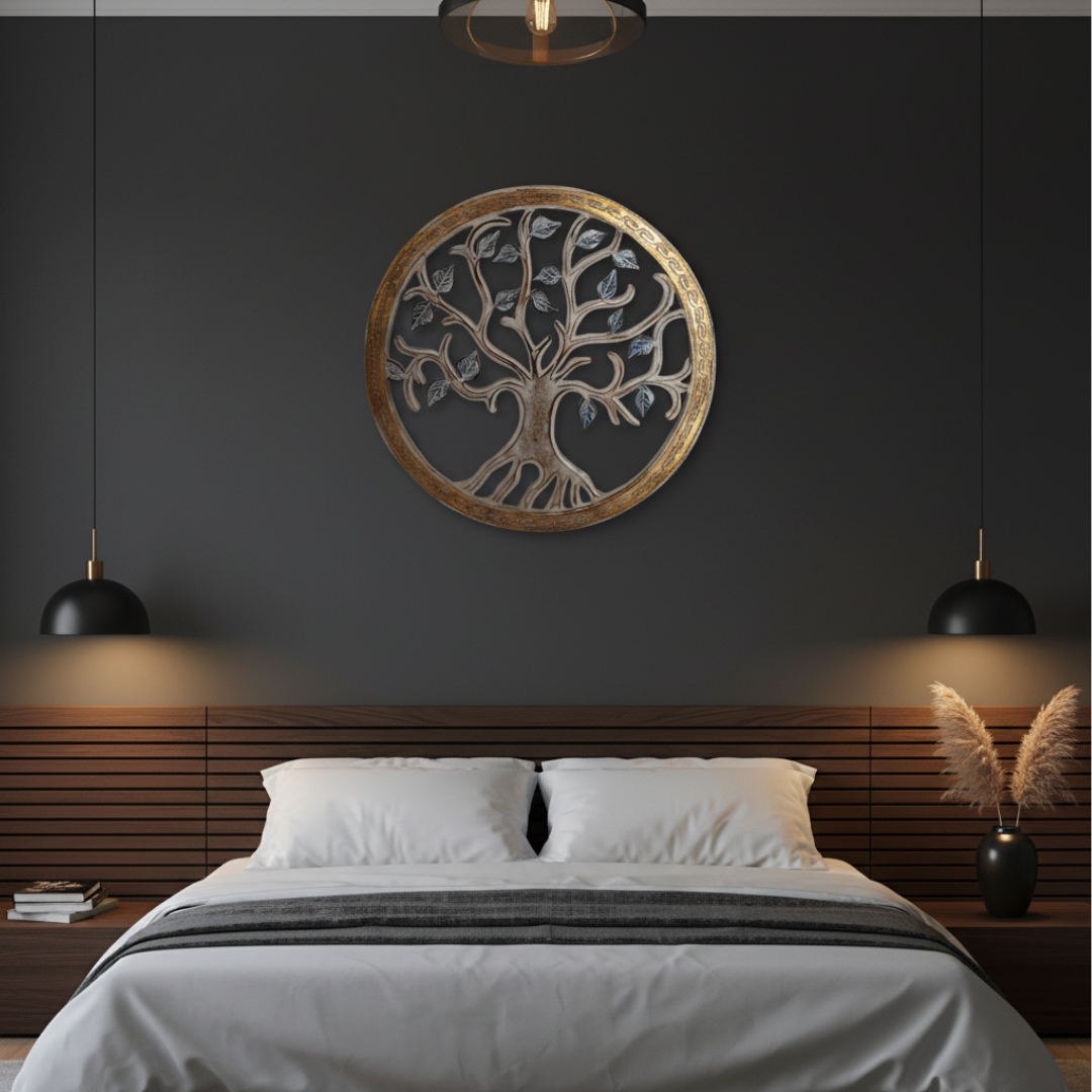 Circular MDF wall art in gold frame with black leaves, styled above a timber bed head on a charcoal wall in a modern bedroom