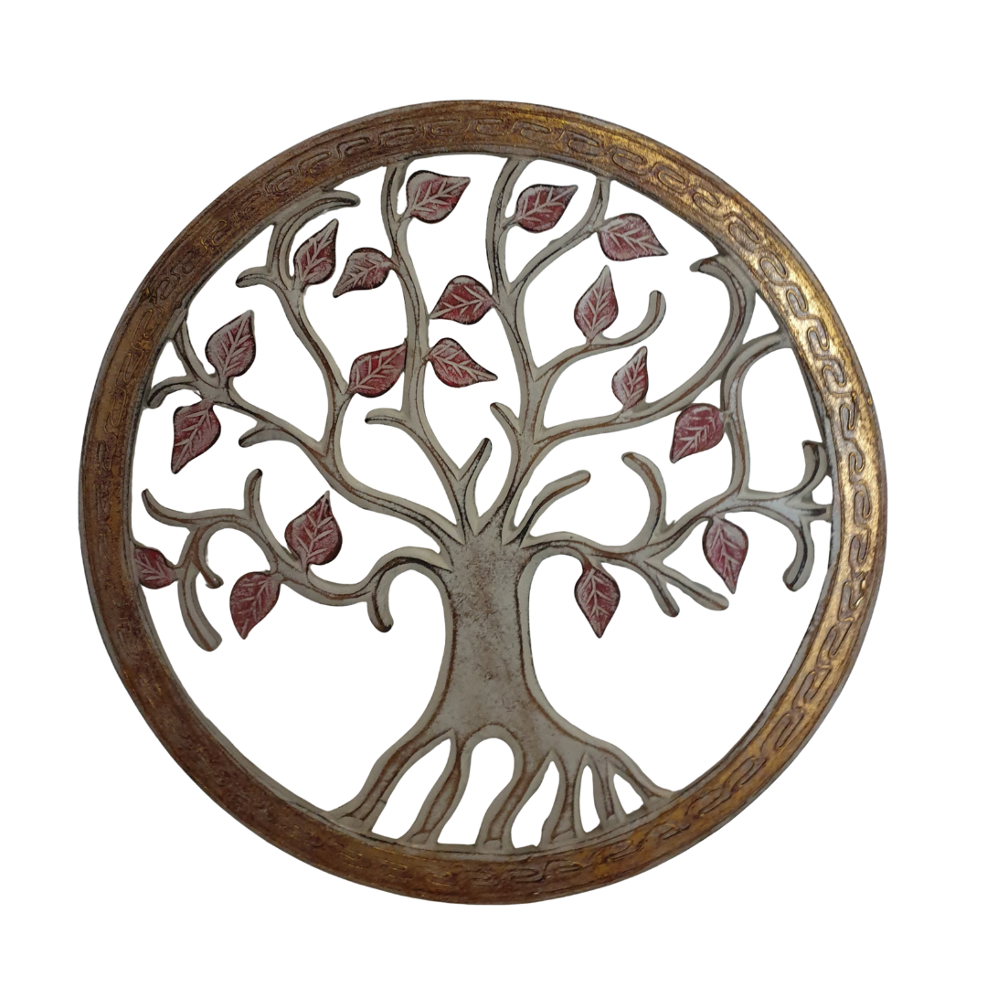 toned trunk and branches, reddish-brown leaves, and an ornate gold-toned border.
