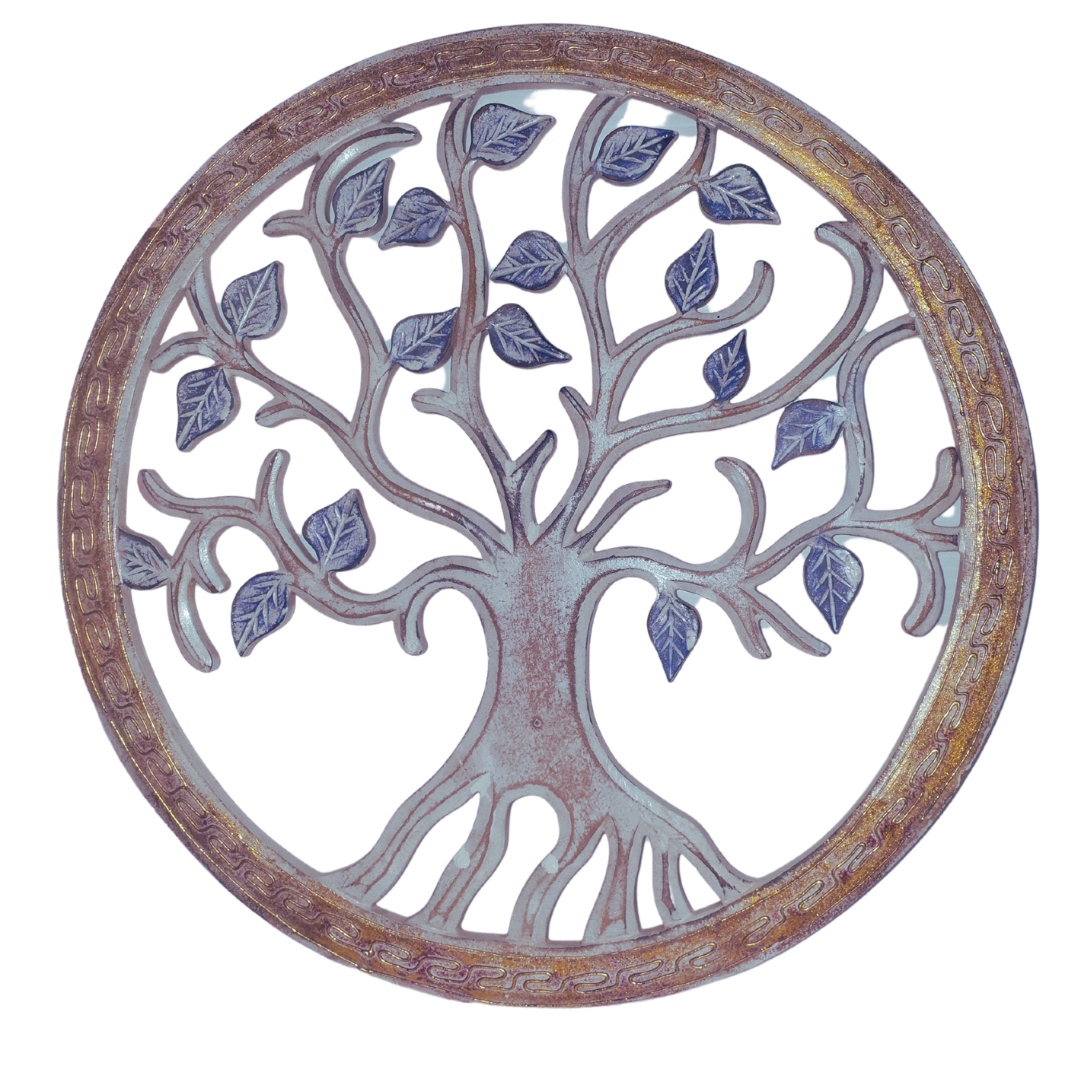 A circular featuring a stylized tree of life design with blue branches and leaves, set against a white background.