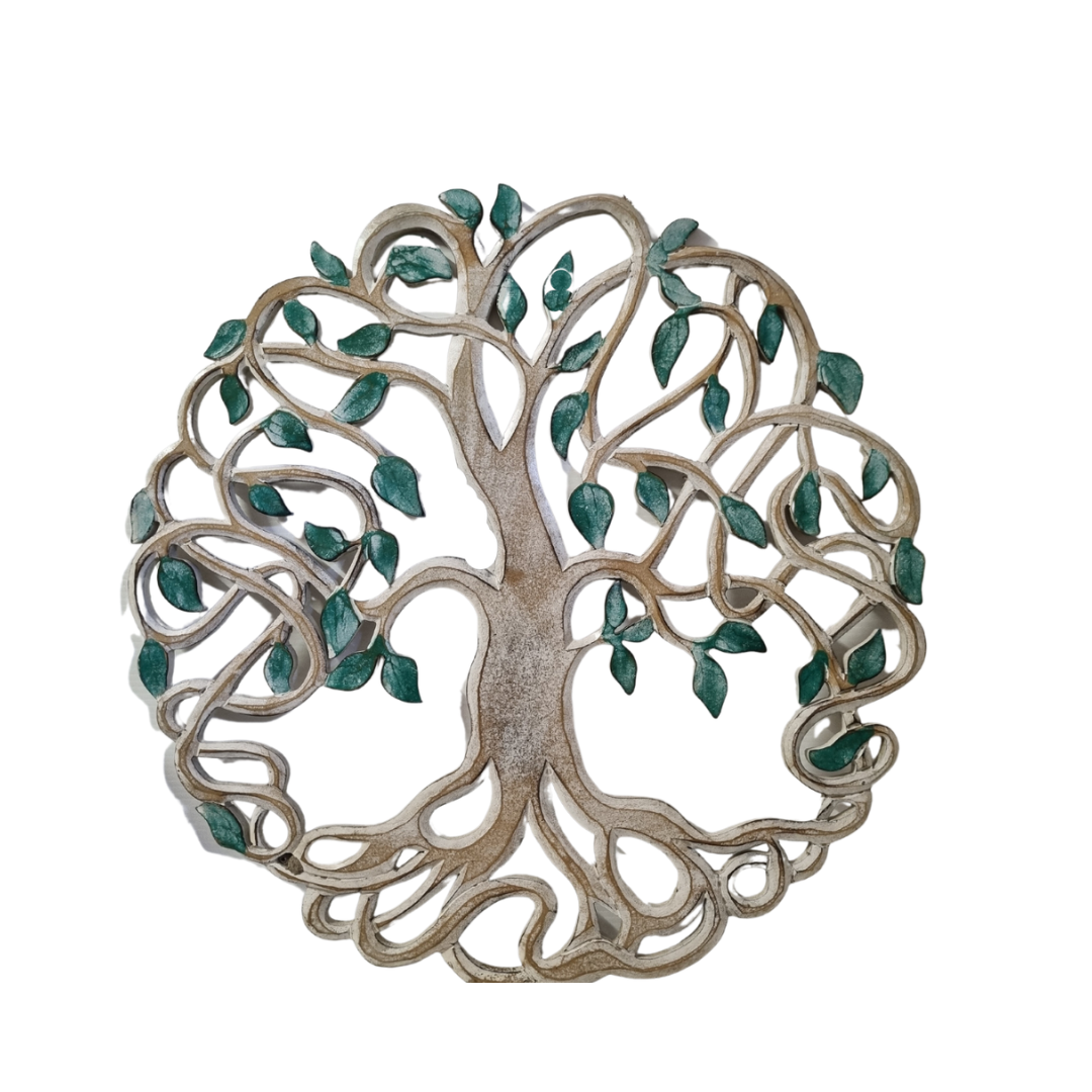 Circular MDF wall art with teal green leaves, styled above a rustic timber dining table on a terracotta wall in a boho dining room