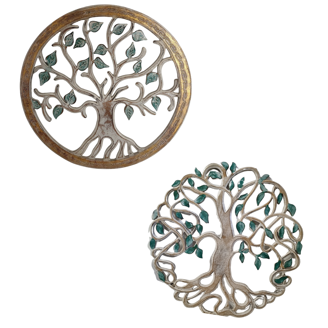  shown on a plain white background. One has a warm gold-toned outer border, and the other is plain; both have silver-toned branches and roots with small green leaf accents.