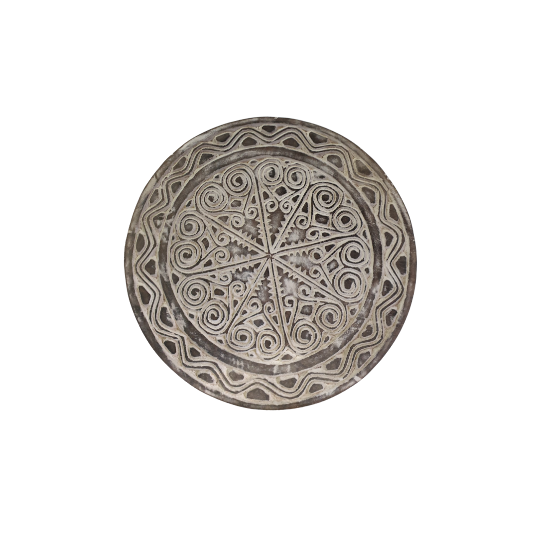 Decorative rustic wooden wall artwork circular design with intricate patterns on a white background