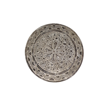 Decorative rustic wooden wall artwork circular design with intricate patterns on a white background