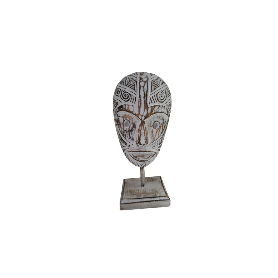 White-wash tribal wooden mask on stand – handcrafted with carved tribal pattern | Azure Decor