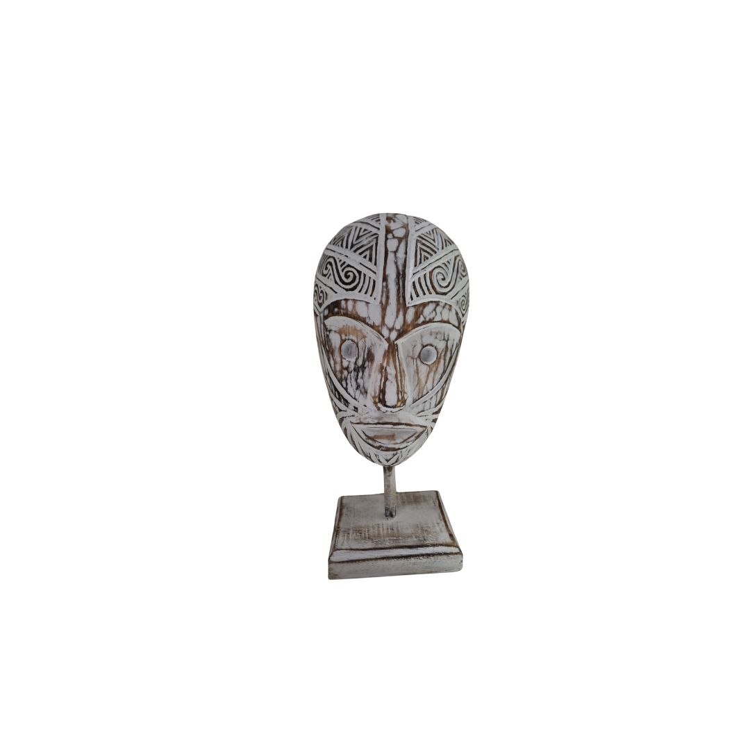 White-wash tribal wooden mask on stand – handcrafted with carved tribal pattern | Azure Decor