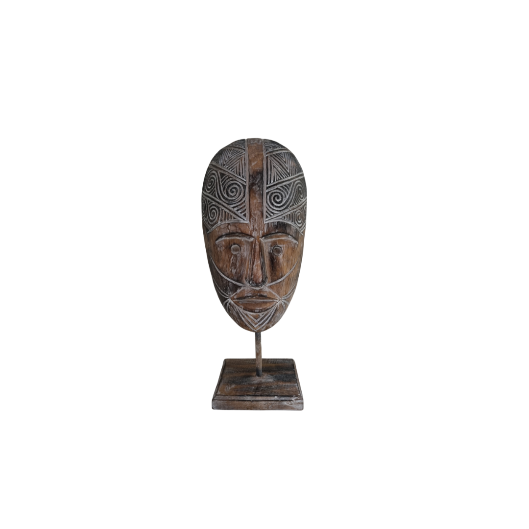 Brown wooden masks with a brown wash finish, each mask is carved from wood and mounted on a stand, with tribal and geometric patterns on the masks.