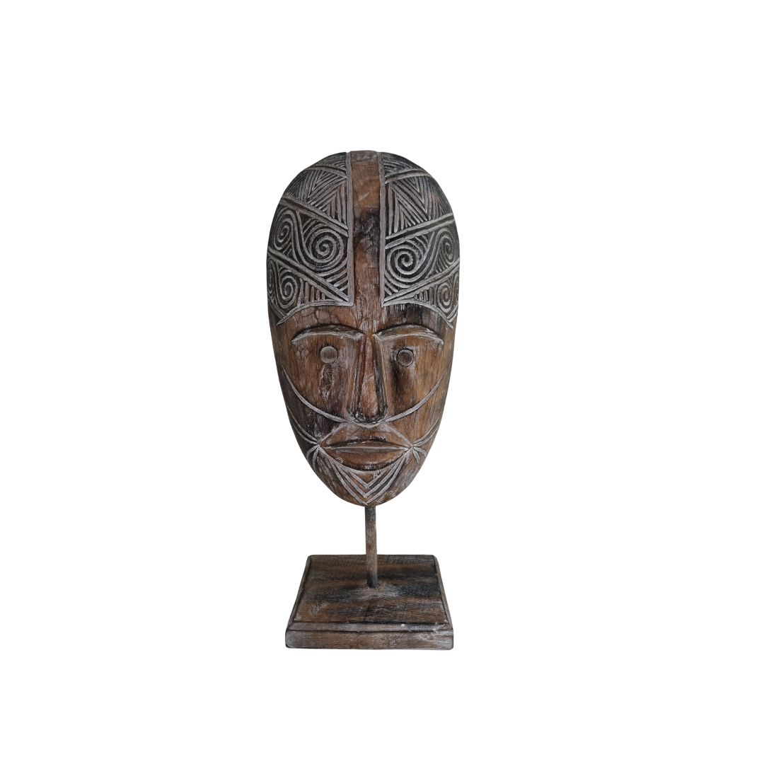 Brown-wash tribal wooden mask on stand – handcrafted with carved tribal pattern | Azure Decor