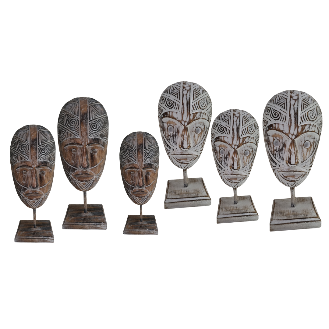 Tribal wooden masks on stands in small, medium and large – brown wash finish showing intricate carved detail | Azure Decor"