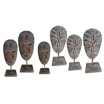 Tribal wooden masks on stands in small, medium and large – brown wash finish showing intricate carved detail | Azure Decor"