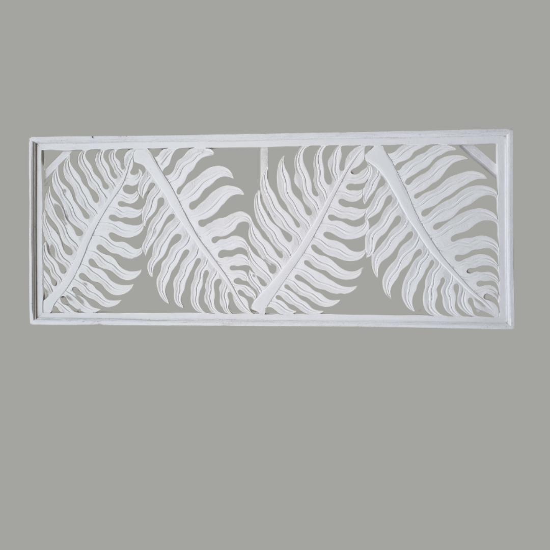 Tropical fern leaf wall hanging in natural wash finish displayed on a gray backgroundTropical fern leaf wall hanging in natural wash finish displayed on a gray background"