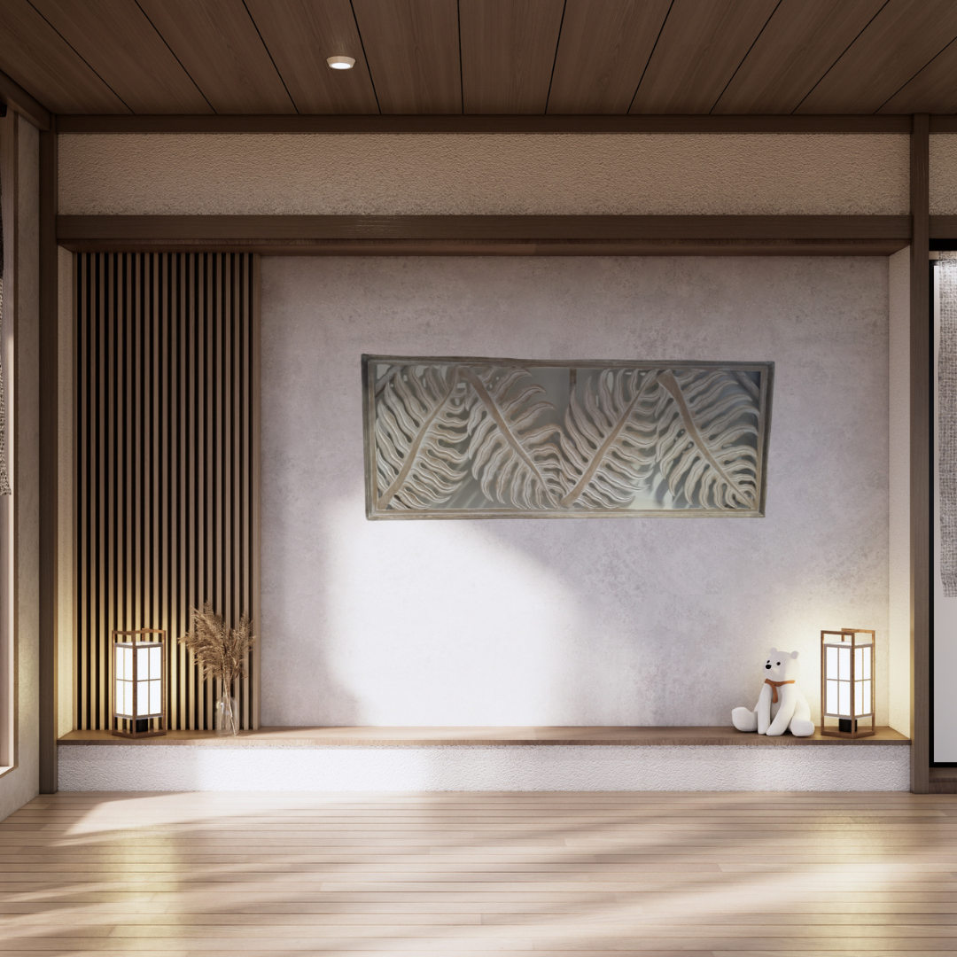 Tropical fern leaf wall hanging in natural wash finish displayed horizontally in a Japanese-inspired interior with timber flooring and lanterns