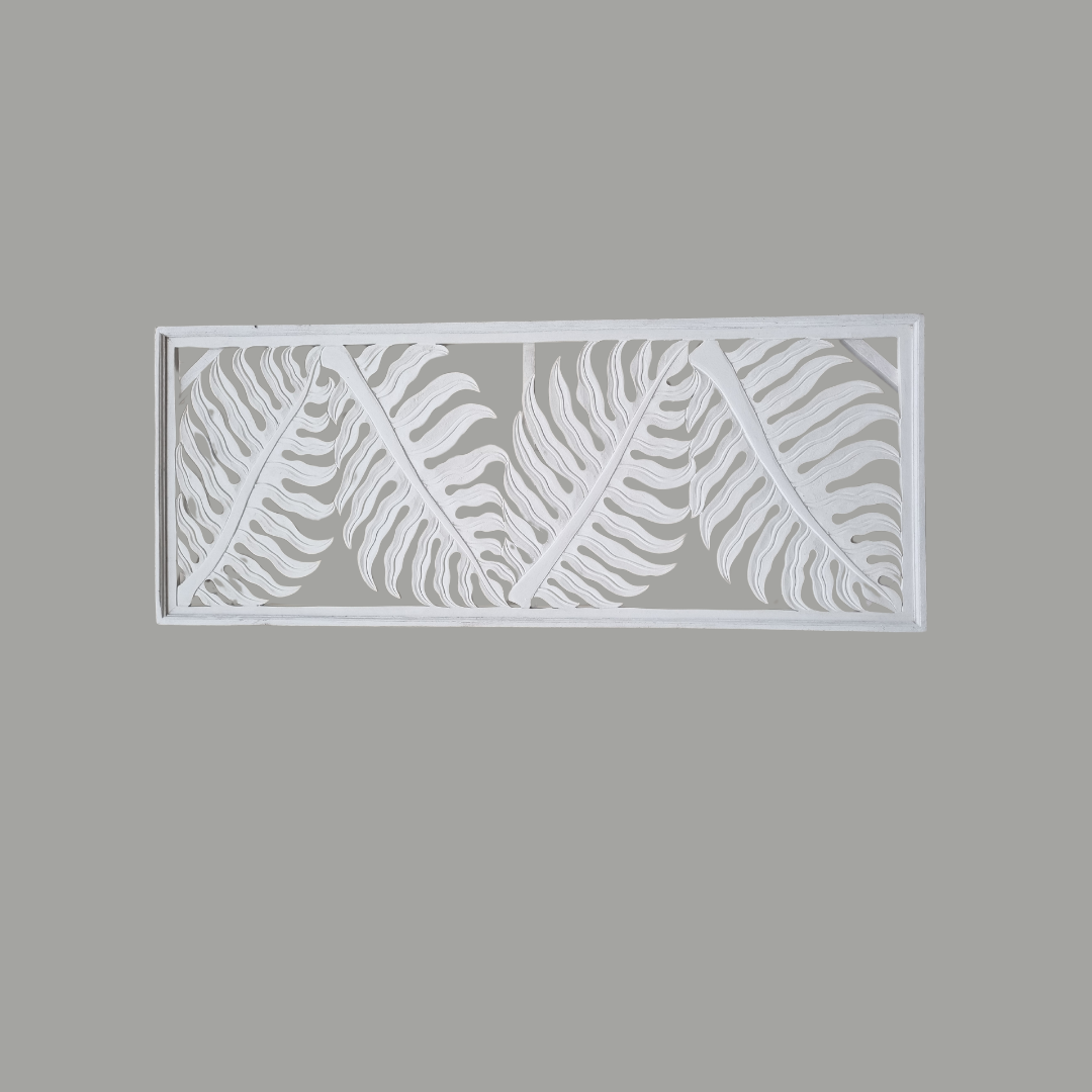 Tropical fern leaf wall hanging displayed horizontally on a plain background