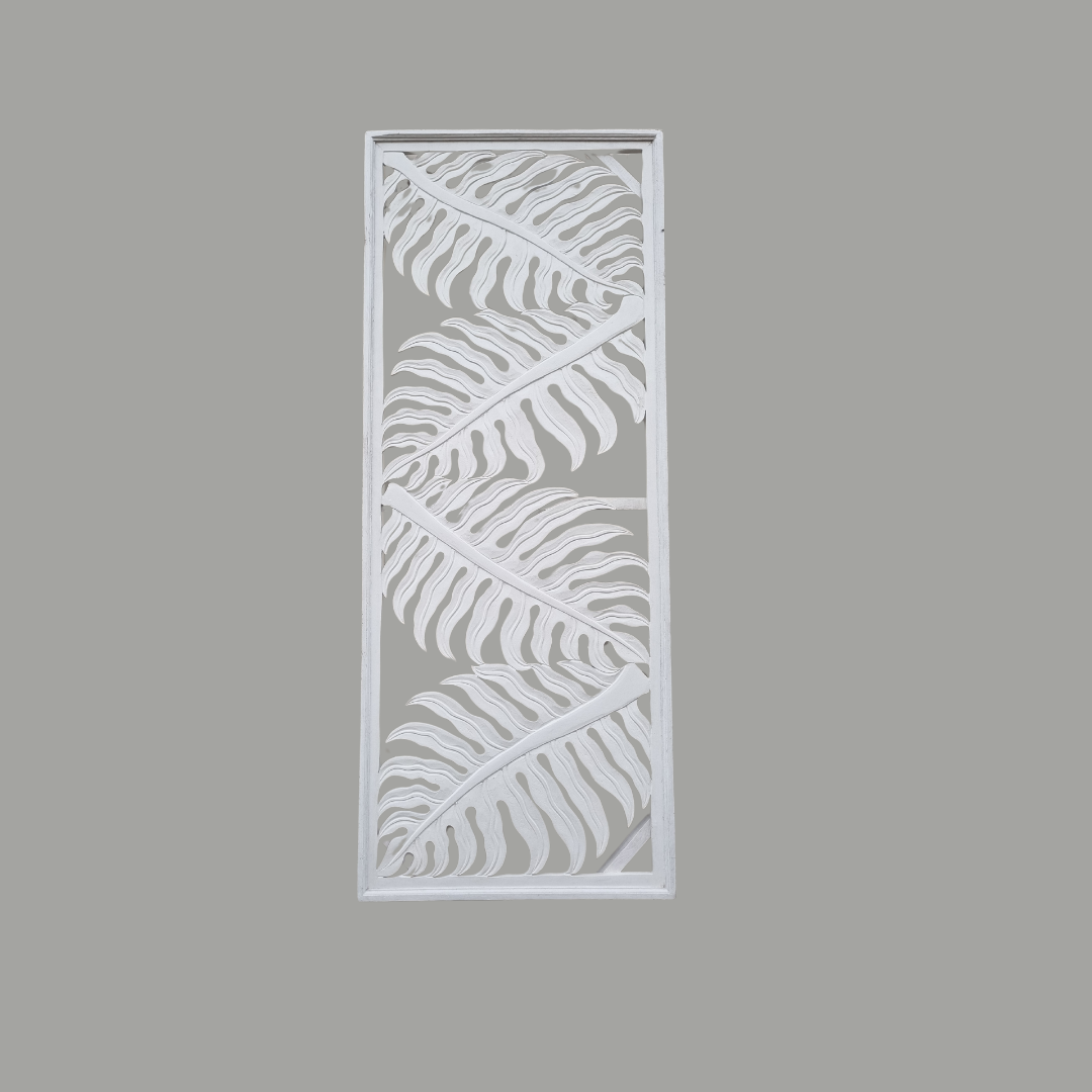 Tropical fern leaf wall hanging displayed vertically on a plain background
