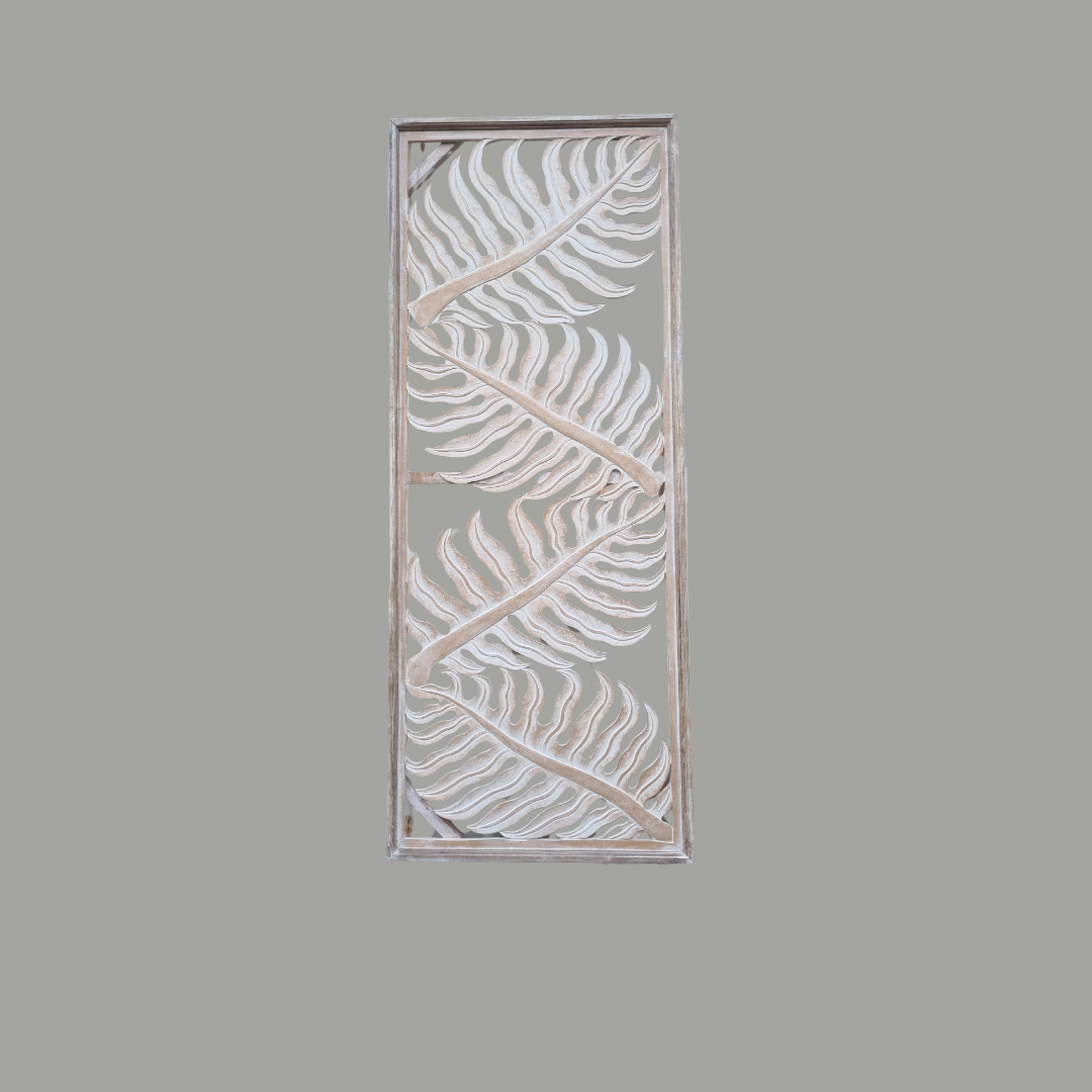 Tropical fern leaf wall hanging in natural wash finish displayed vertically on a plain background