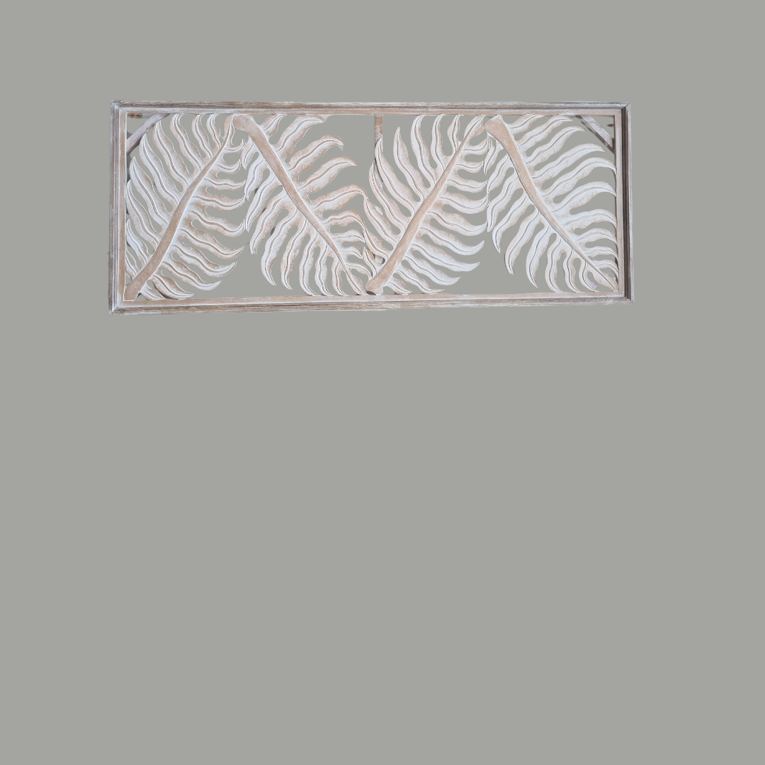 Tropical fern leaf wall hanging displayed vertically on a plain background