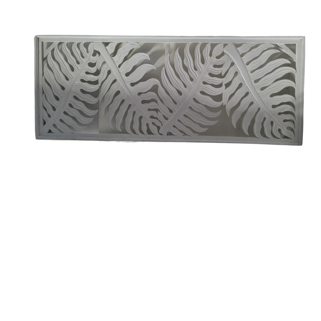 ropical fern leaf wall hanging in natural white wash tone — sculpted MDF fern leaf design