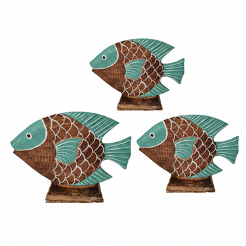 Tropical Fish Decor turquoise wooden set of three in descending sizes, professional product shot on white background