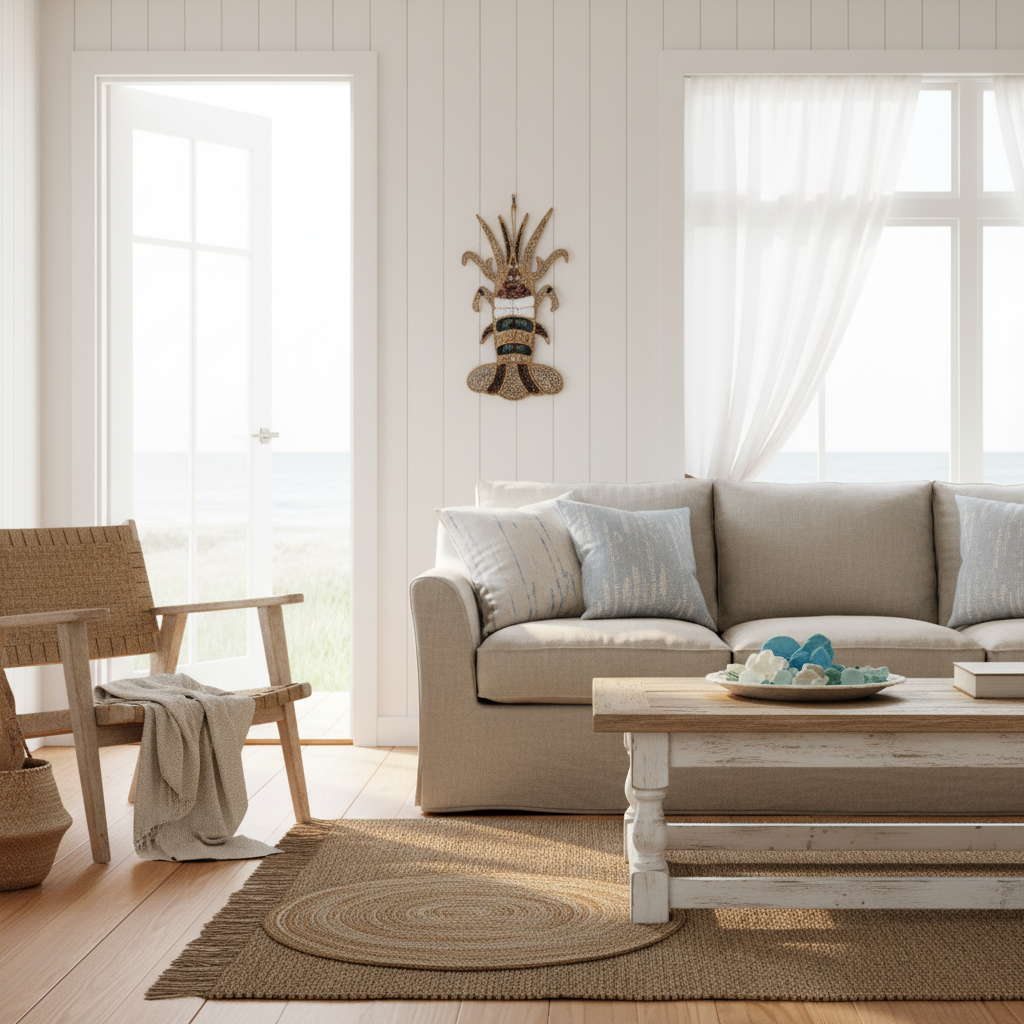 wall art displayed in a relaxed indoor beach house with whitewashed timber walls, seagrass rug and sheer linen curtains
