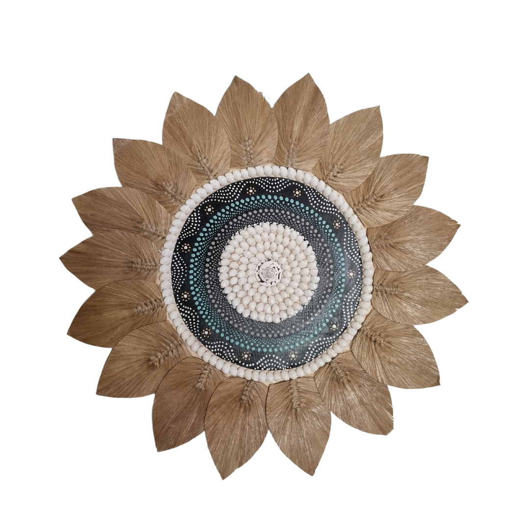 Tropical style shell and seagrass wall decoration with painted centrepiece