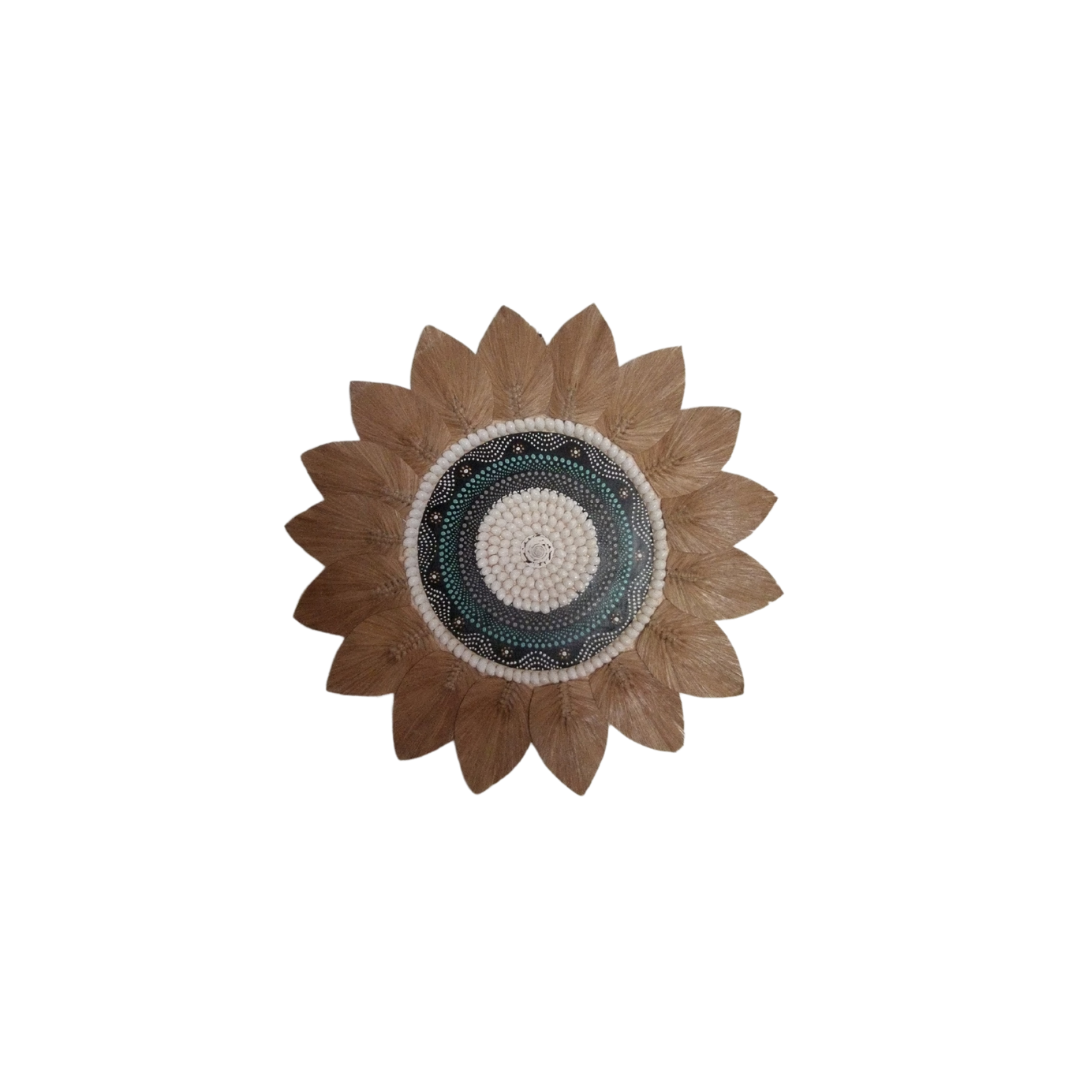 Tropical style shell and seagrass wall decoration with painted centrepiece