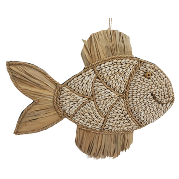 tropical style shell and seagrass fish wall art seton a white back ground 