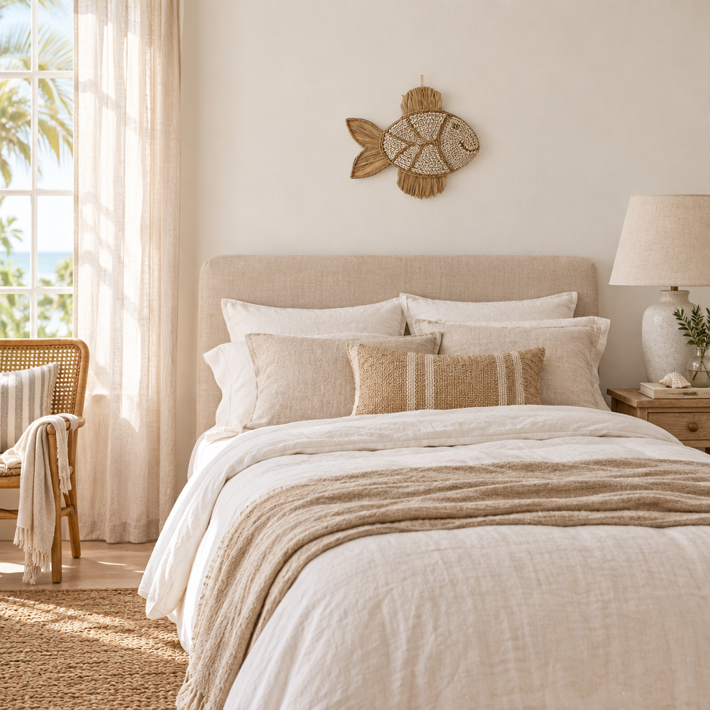 coastal style bedroom setting with a seagrass and shell fish wall art. 