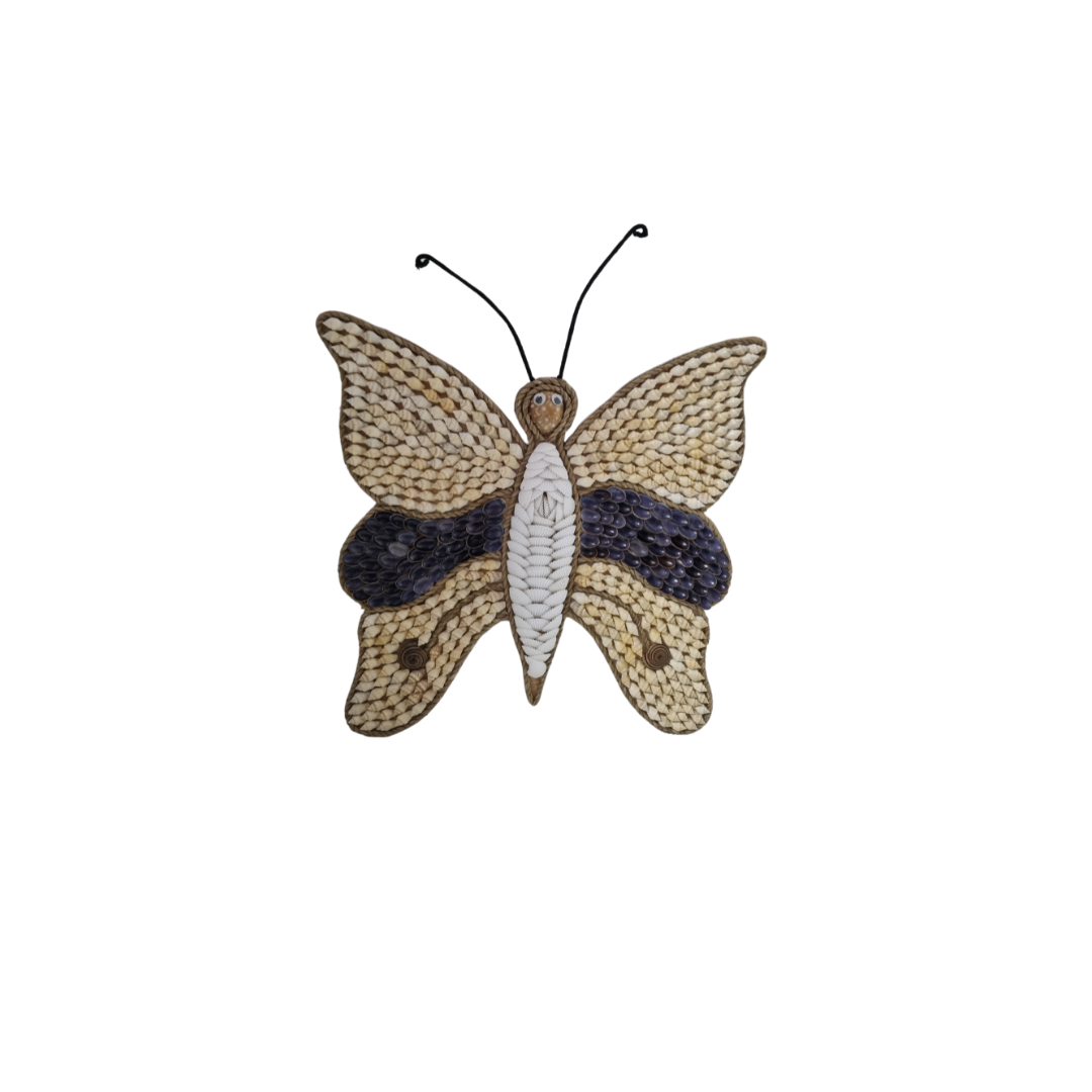 A wall-mounted Butterfly Shell Artwork made from assorted shells, predominantly in shades of brown and white, with a butterfly silhouette in the center.