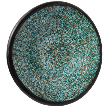 Turquoise mosaic tile decorative bowl with a dark rim and circular tile pattern, viewed from above on a white background.