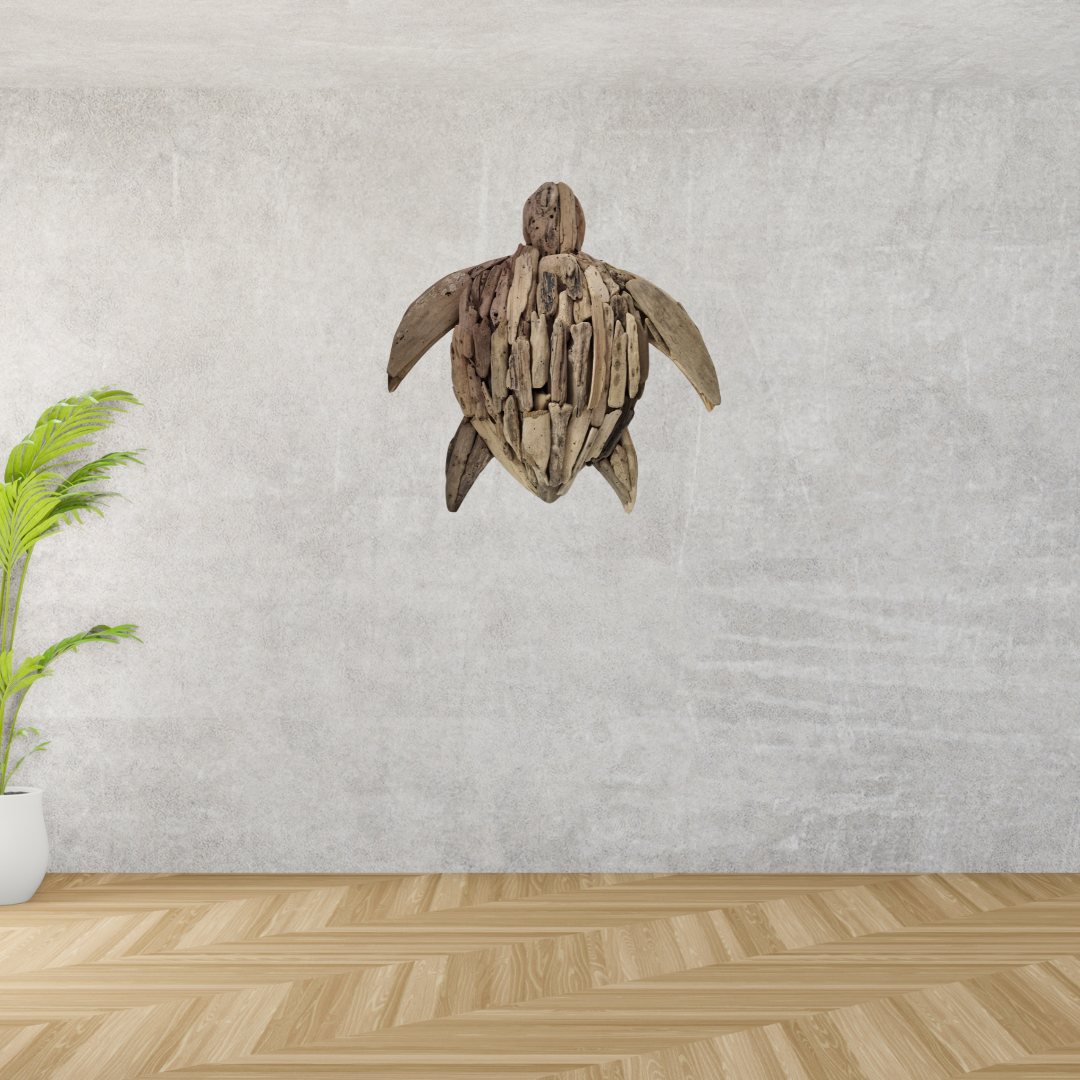 Handcrafted turtle driftwood wall art on a white wall, natural wooden sculpture