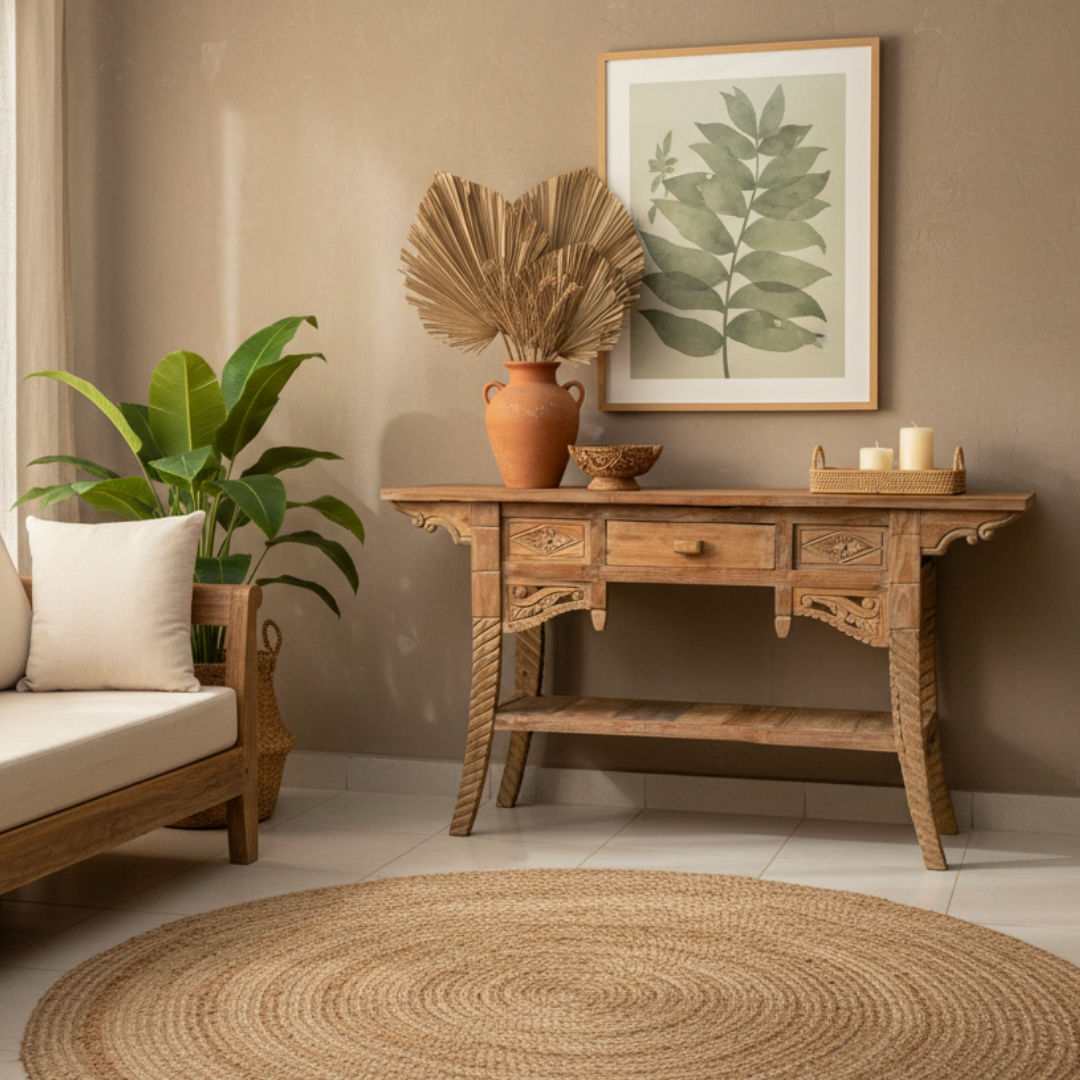 Ubud reclaimed teak console table styled in a warm Balinese living room with terracotta vase, dried palm fronds, candles and tropical plants