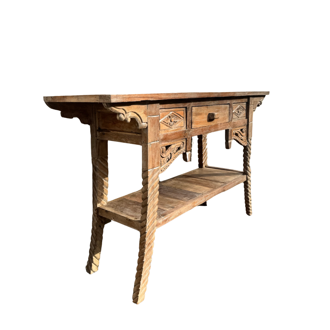 This table - side view showing lower shelf, twisted rope legs and natural reclaimed teak grain